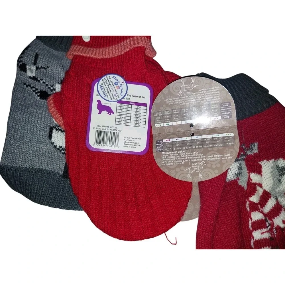 Bundle 3 XS Dog Sweaters, New, Deer And Moose Design, Gray And‎ Red